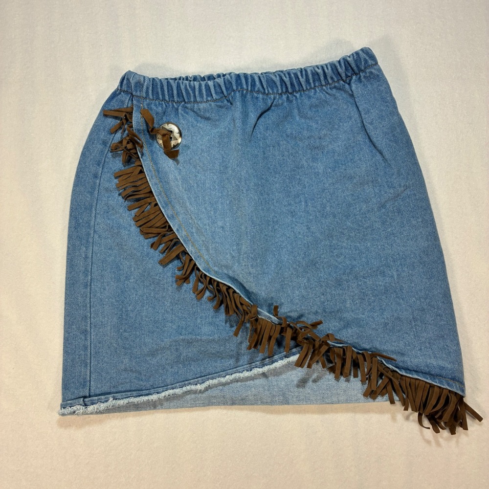 VTG Sunset West Women Size 12 Blue Denim Fringe Wrap Skirt Cotton Western